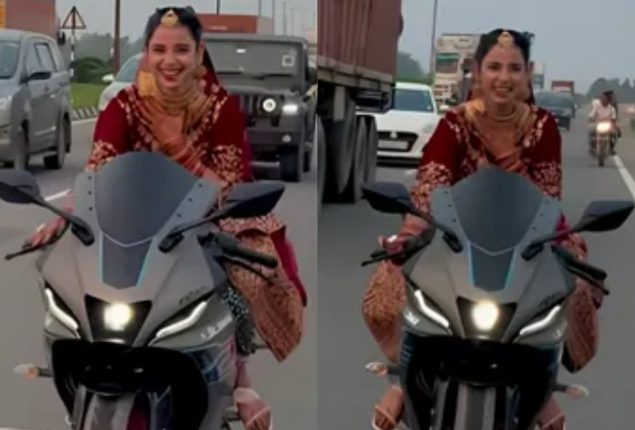 Bride riding a sports bike in red lehenga goes viral