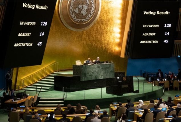 United Nations General Assembly approves resolution on two-state solution for Palestine