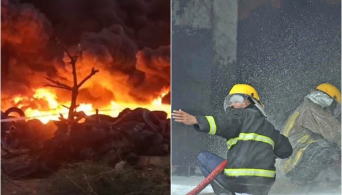 Massive fire erupts at Karachi tire Warehouse, Rescue operation continues for 19th hour
