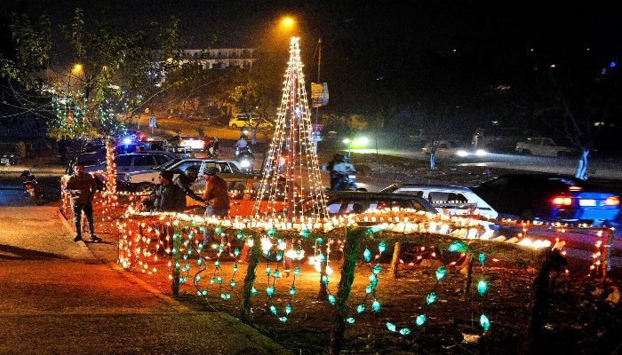 A Christmas tree made up of lights in Islamabad. Photo: Mian Khursheed/Bol News
